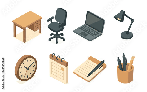 Isometric home office icons set – desk, chair, laptop, lamp, clock, calendar, notebook, pens