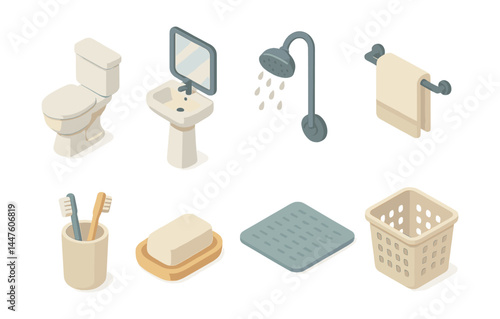 Bathroom essentials icons set – toilet, sink, shower, towel, toothbrush, soap, mat, basket
