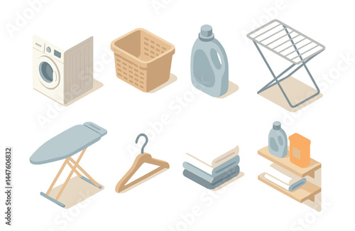 Laundry room essentials icons set – washer, basket, detergent, ironing board, dryer, hanger