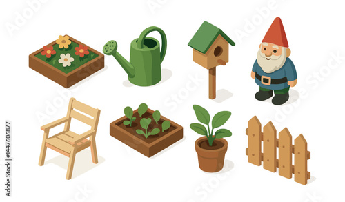 Charming garden icons set – gnome, watering can, birdhouse, plants, chair, fence