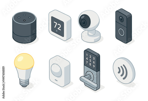 Smart home essentials icon set – devices, thermostat, camera, doorbell, bulb, sensor, locks