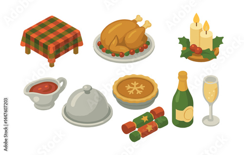 Holiday feast icons set – turkey, banquet table, candles, gravy, pie, champagne, crackers