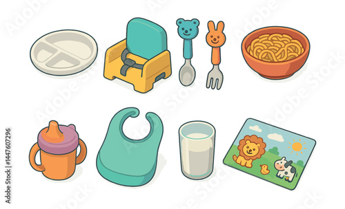 Kids' dinner icons set – plate, highchair, utensils, bowl, sippy cup, bib, milk, placemat