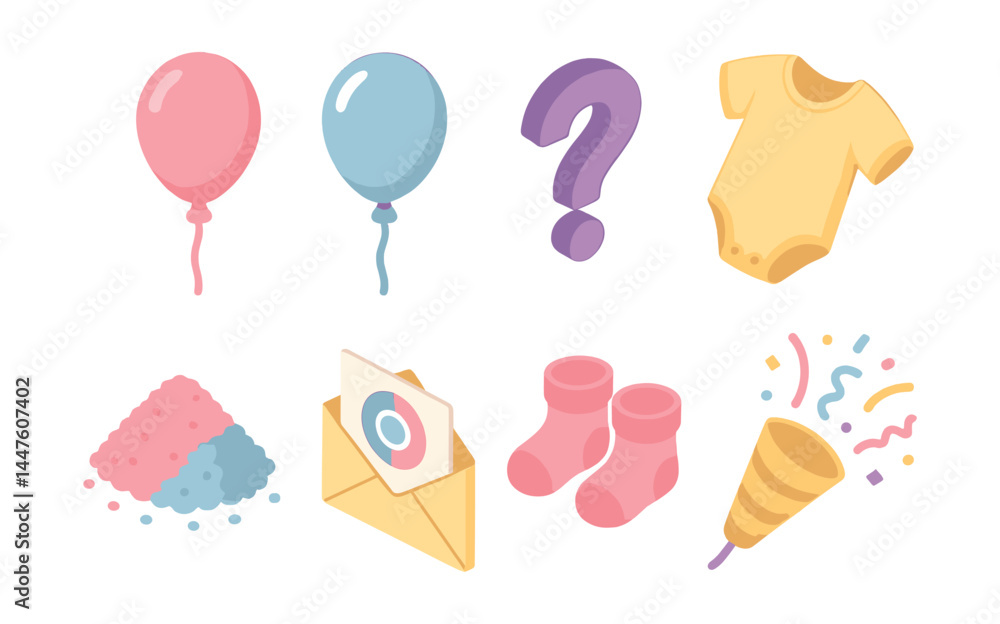 Gender reveal icons set – balloons, question mark, onesie, powder, envelopes, socks, confetti Gender reveal icons set – balloons, question mark, onesie, powder, envelopes, socks, confetti