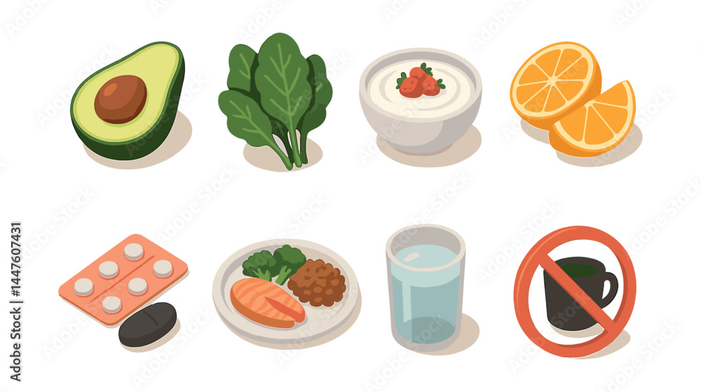 Pregnancy nutrition icons set – avocado, spinach, yogurt, citrus, supplements, salmon, water, no caffeine Pregnancy nutrition icons set – avocado, spinach, yogurt, citrus, supplements, salmon, water, no caffeine