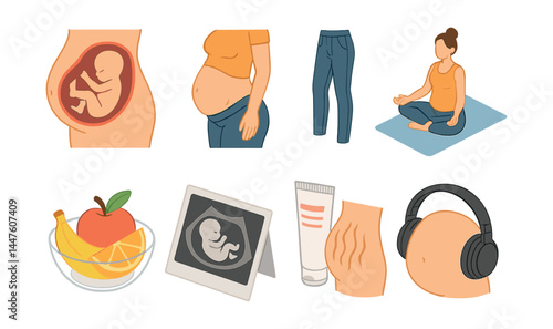 Maternity essentials icons set – pregnancy, ultrasound, yoga, nutrition, cream, headphones