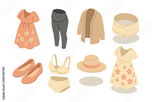 Maternity fashion icons set – dress, leggings, cardigan, belt, flats, lingerie, hat