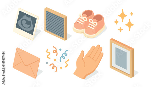 Pregnancy announcement icons set – ultrasound, shoes, board, envelope, hand, confetti, frame