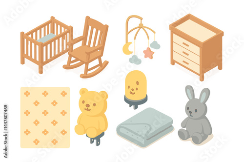 Isometric nursery icons set – crib, rocking chair, mobile, drawer, teddy, rabbit, blanket