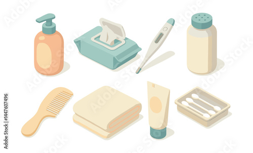 Baby care essentials icon set – bottle, wipes, thermometer, powder, comb, towel, cream, swabs