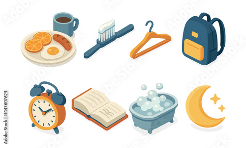 Daily routine icons set – breakfast, toothbrush, hanger, backpack, clock, book, bath, moon