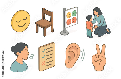Empathetic discipline icons set – emotions, listening, affirmation, peace, relaxation, encouragement