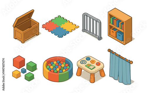 Isometric playroom icons set – toys, blocks, ball pit, puzzle, curtain, shelf, gate, table