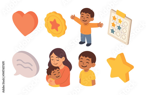 Positive parenting icons set – heart, star, hug, child, chart, speech, smile, checklist, parent