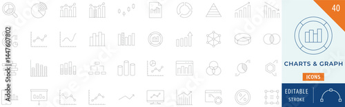 Graphs and charts icon set. Containing business, growing, bar, graph, Statistics, analytics, harts diagrams, money, down or up arrow, and more. Editable stroke.