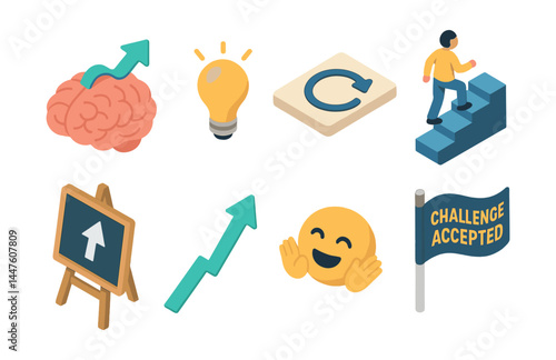 Growth mindset icons set – brain, lightbulb, refresh, steps, chalkboard, upward arrow, smiley, flag