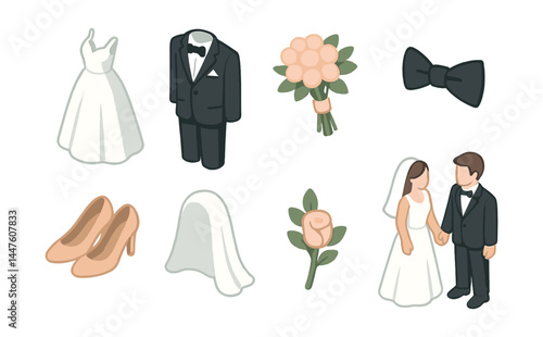 Isometric wedding icons set – dress, suit, bouquet, bowtie, bride, groom, shoes, veil