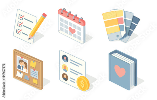 Wedding planning essentials icons set – checklist, calendar, palette, photos, budget, album