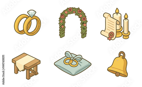 Wedding ceremony icons set – rings, arch, vows, candles, altar, pillow, bell