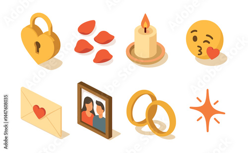 Isometric romantic icons set – heart, rose petals, candle, emoji, letter, photo, rings, spark