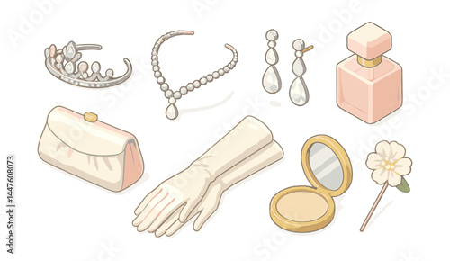 Elegant bridal accessories icons set – tiara, necklace, earrings, perfume, clutch, gloves, mirror, flower