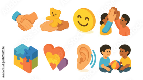 Friendship icons set – handshake, teddy, smiley, high-five, puzzle, hearts, ear, playtime