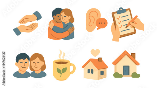 Support and care icons set – hands, hug, ear, checklist, conversation, couple, coffee, heart, home