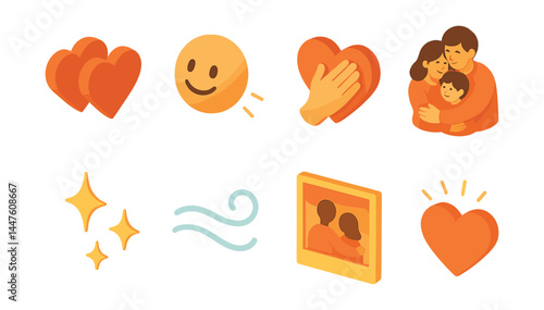 Heartfelt icon set – love, kindness, family, emotion, heart, smile, embrace, affection