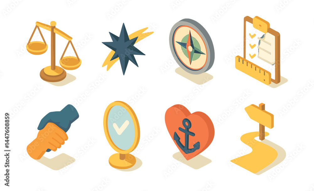 Family values icons set – scale, star, compass, clipboard, handshake, mirror, anchor, cross Family values icons set – scale, star, compass, clipboard, handshake, mirror, anchor, cross