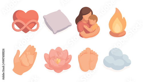 Unconditional love icons set – infinity heart, pillow, mother, flame, hand, lotus, feet, cloud