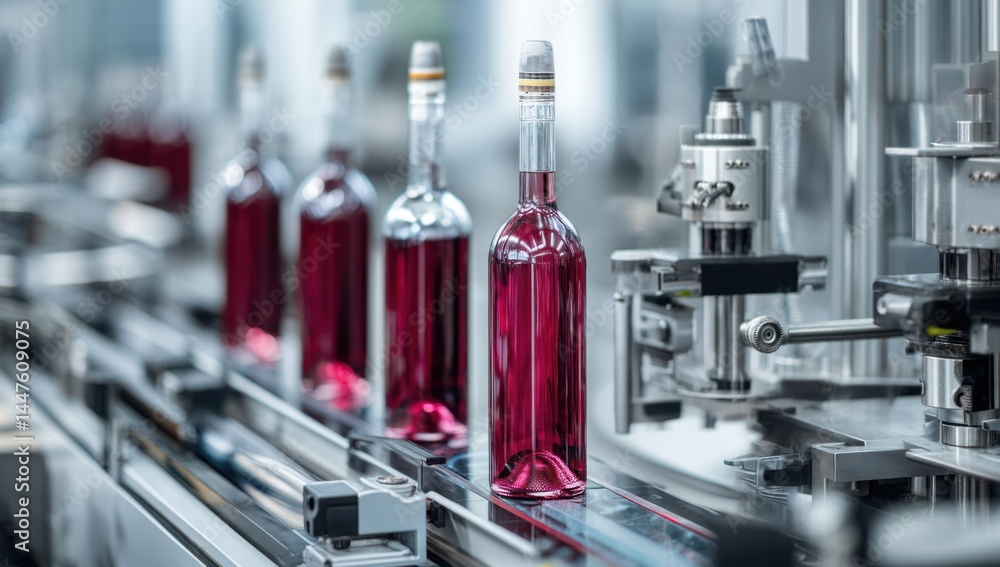 Automated Bottling Line, Liquid Filling and Capping Process on Conveyor Belt System, Efficient Industrial Production. Automated Bottling Line, Liquid Filling and Capping Process on Conveyor Belt System, Efficient Industrial Production.
