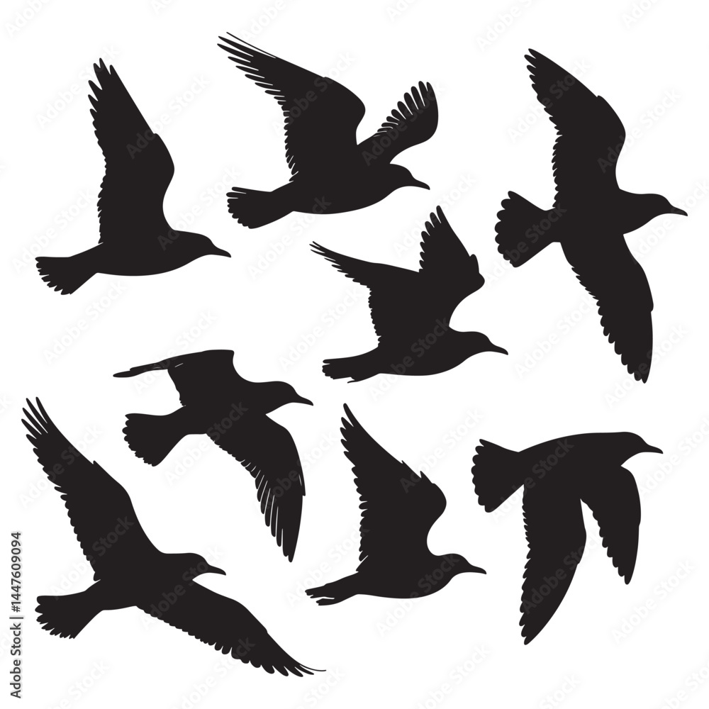 Obraz premium Flying birds silhouettes on white background. Vector illustration, 