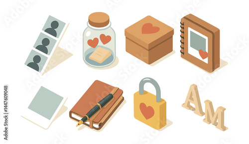 Sweet memory icons set – photos, jar, box, notebook, pen, padlock, letters