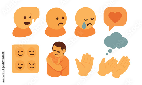 Emotional expression icons set – happy, sad, crying, heart, mood, thinking, gestures