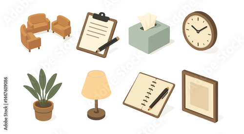 Family therapy icons set – discussion circle, clipboard, tissue box, clock, plant, lamp, notebook, frame