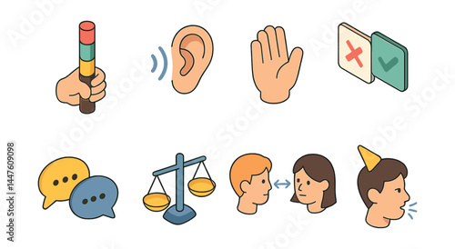 Isometric communication icons set – ear, hand, speaker, chat, balance, approval