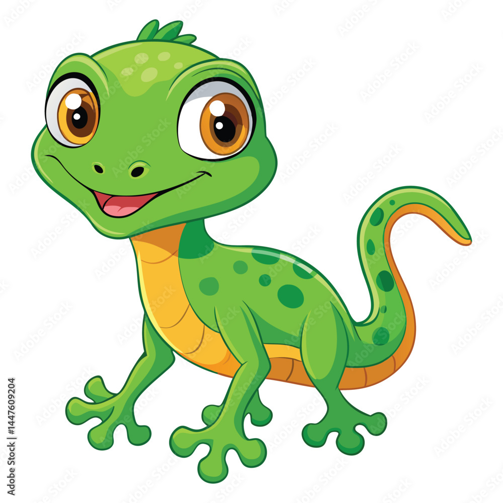 Fototapeta premium Cartoon green geko isolated on white background