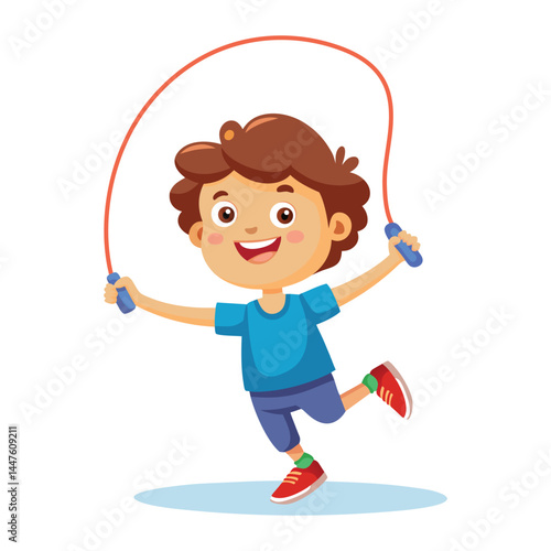Cartoon kid who jumps rope on white background