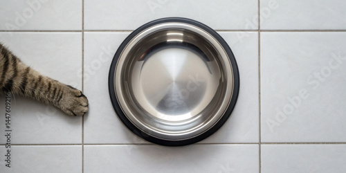 Top view of cat paw reaching towards empty stainless steel pet food bowl on white tiled floor, evoking sense of anticipation and hunger