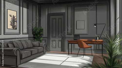 Wallpaper Mural A grey living room concept features detailed door design, a working table, and a stylish chair. Torontodigital.ca