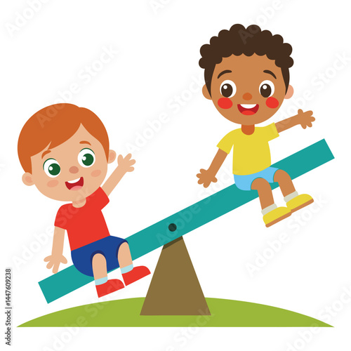 Cartoon two kids playing on seesaw in the park isolated on white background