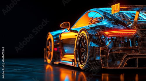 Futuristic race car, illuminated with vibrant neon lights, showcasing intrica...