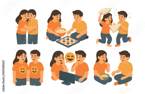 Sibling bonding icons set – hugging, gaming, eating, pillow fight, laughing, watching tv, smiling