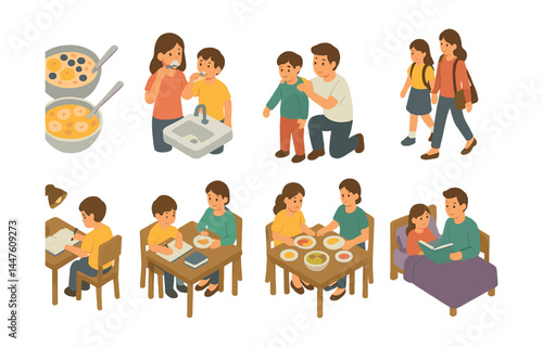 Daily family routine icons set – breakfast, brushing, walking, studying, eating, reading, bedtime