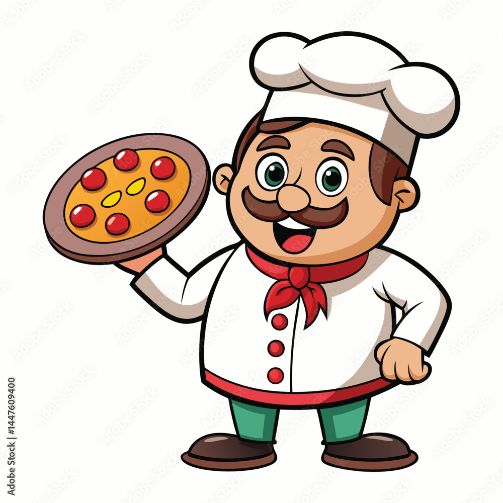 Cartoon chef holding a pizza isolated on white background Cartoon chef holding a pizza isolated on white background