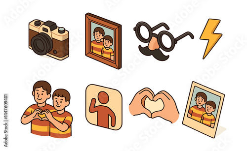 Sibling photoshoot icons set – camera, portrait, glasses, lightning, hearts, frames