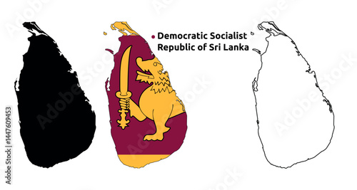Sri Lanka Map Vector - Country Outline, Flag Inside Map, Blank and Silhouette Version