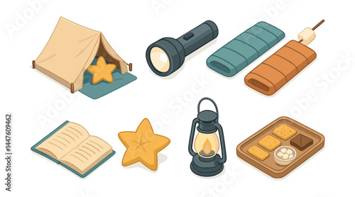 Indoor camping essentials icons set – tent, flashlight, sleeping bag, lantern, snacks