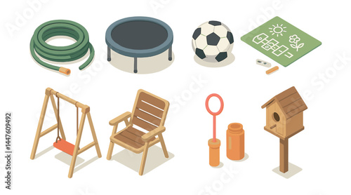Backyard play essentials icons set – hose, trampoline, soccer, chalk, swing, chair, bubbles, birdhouse