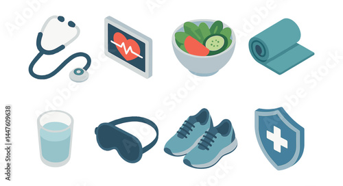 Wellness essentials icons set – stethoscope, heart-monitor, salad, yoga-mat, water-glass, sleep-mask, shoes, shield